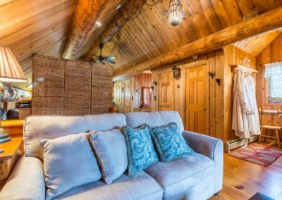 Interior of cabin with blue sofia
